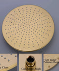 High End Bathroom Flex With This 12 Inch Round Shower System Built From Rock Solid Brass And Sporting Sleek Brushed Gold shower head.