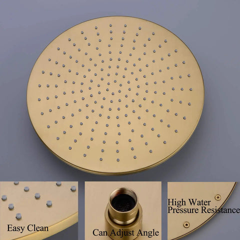 High End Bathroom Flex With This 12 Inch Round Shower System Built From Rock Solid Brass And Sporting Sleek Brushed Gold shower head.