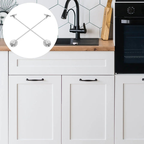Beefy Heavy Duty Cabinet Door Support Rods Set For Kitchen Cabinets shown above white cabinets with black handles