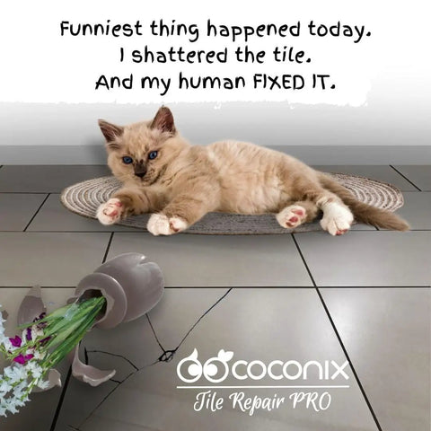 Tile And Stone Repair Kit For Fixing Cracks Chips And Scratches On Bathtubs Tiles Floors Walls And Counters With Kneadable Putty Easy To Use All In One Home Repair Solution image showing a cat on repaired tiles with a broken vase.