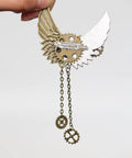 Cool Retro Vintage Industrial Gears Punk Brooch For Men And Women Distressed Bronze Mechanical Lapel Pin with chains and wings.