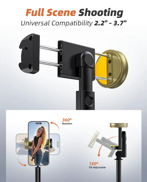 All In One Phone Tripod And Selfie Stick With Remote For iPhone And Android featuring adjustable holder details