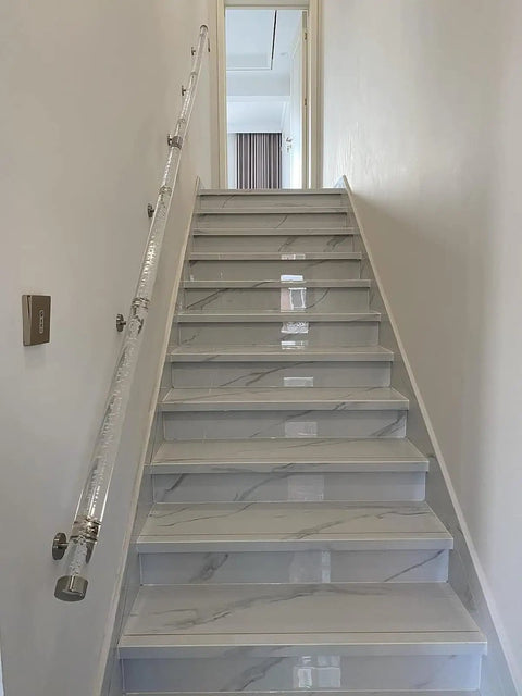 Heavy Duty Clear Acrylic Railing System For Decks Patios And Balconies Weather Resistant Panels on sleek marble stairs.
