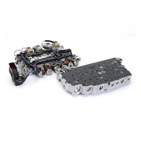 9T50 Automatic Transmission Valve Body With Wiring Harness Fixes Rough Shifts Stops And Erratic Gears For Chevy Trailblazer And Malibu view from the side showing detailed components.