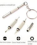 Compact 3-In-1 Glasses Repair Kit With Flat Head Phillips And Hex Bits On A Keyring for sunglasses, shown disassembled.