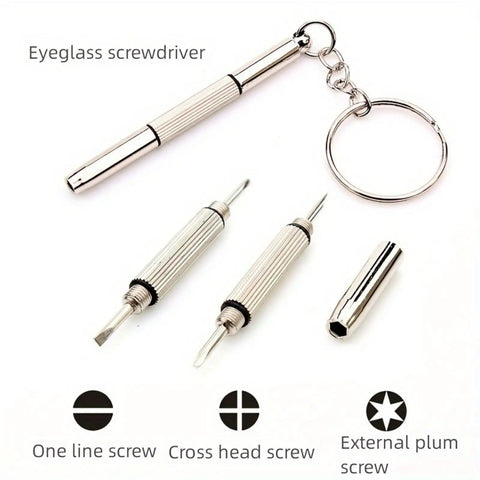 Compact 3-In-1 Glasses Repair Kit With Flat Head Phillips And Hex Bits On A Keyring for sunglasses, shown disassembled.