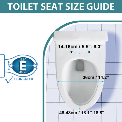Toilet seat size guide showing measurements for No Sweat Soft Close Square Toilet Seat With Built In Toddler Training Contour.