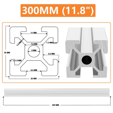 Pro Grade Aluminum Extrusion 300mm T Slot Profile 2020 Linear Rail Aluminum with White Anodized Finish European Standard for 3D Printer Parts and CNC Machines Cuttable Machinable Length, 300mm