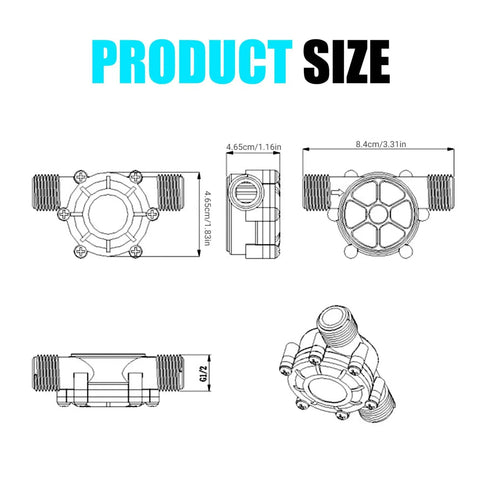 Technical diagram of 12V Portable Micro Hydro Generator for Outdoor Use, dimensions and structure details shown.
