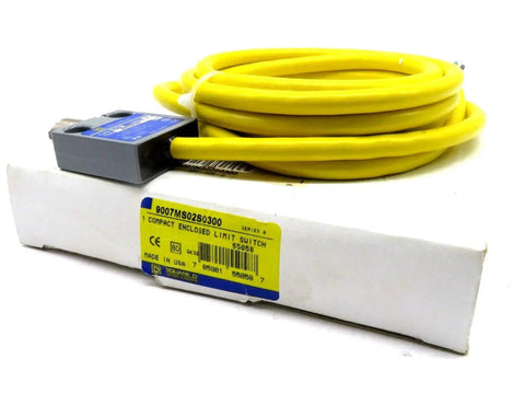 Yellow Limit Switch Series B Model 9007MS02S0300 for industrial automation on white box with cable