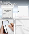 Top Shelf Polyester Microfiber Cleanroom Wipes 9X9 Inches 120 Gsm Class 100 Dead Soft Lint Free Reusable Washable Laser Sealed Straight Up Precision Grade For Lab Tech Surfaces Bag Of 150 with a person cleaning a smartphone