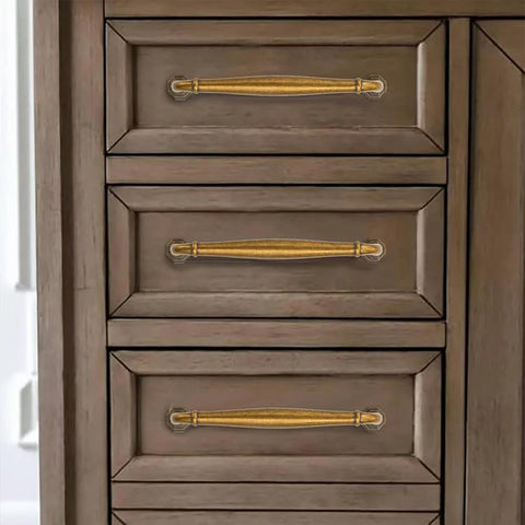 10 Pack Antique Brass Cabinet Pulls 3 Inch Center To Center Vintage Solid Hardware on a Wooden Dresser