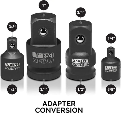 Garage Ready Eight Piece Impact Socket Adapter And Reducer Set for conversion of drive sizes from 1/4 to 1 inch, CrV steel.