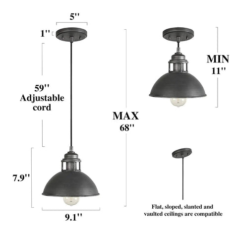 Industrial Silver Brushed Pendant Light With Top Cutouts For Kitchen Island Dining Room And Bedroom, Adjustable Height, Dimensions