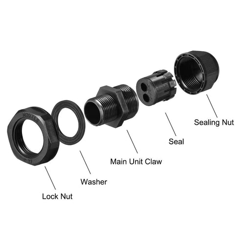 Exploded view of M20 Cable Gland With 2 Holes Built Tough IP68 Waterproof Nylon Joint And Adjustable Locknut Fits 3.3mm To 5.1mm Cable Diameter