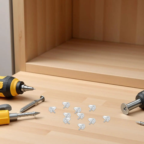 Plastic Shelf Pegs Set 150 Pack 3mm Diameter With 0.11 Inch Hole Locking Design on wooden table near tools