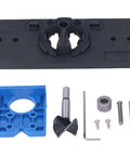 35mm hinge hole-saw drilling jig kit: blue plastic base, black ABS guide, metal drill bit, hex key and screws