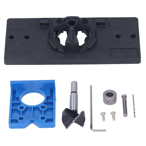 35mm hinge hole-saw drilling jig kit: blue plastic base, black ABS guide, metal drill bit, hex key and screws