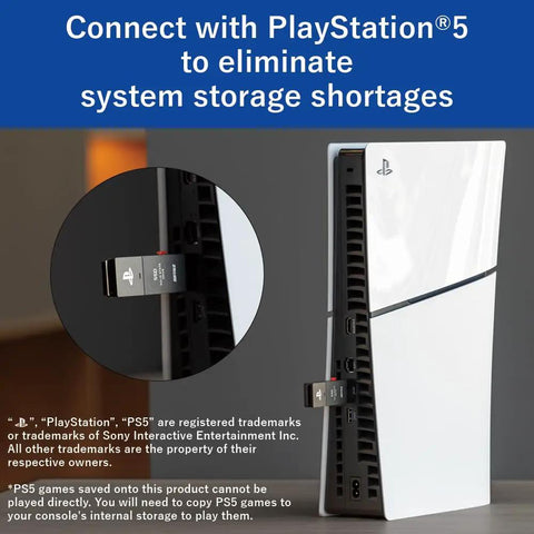 Officially Licensed 1TB External SSD For PS5 And PS4, USB 3.2 Gen2 Type A Portable Stick Drive connected to PS5 console.