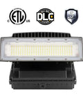100W LED Full Cut Off Outdoor Wall Pack Light for Security and Safety, 13400LM 5000K, IP65 Waterproof, front view with certifications