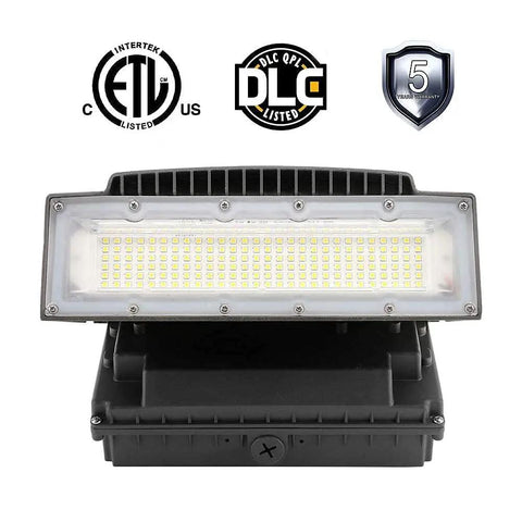 100W LED Full Cut Off Outdoor Wall Pack Light for Security and Safety, 13400LM 5000K, IP65 Waterproof, front view with certifications