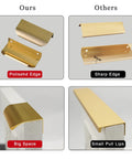 Comparison of Gold Adhesive Edge Finger Pulls For Cabinets 5 Pack With Screws And Tape showing polished vs sharp edges, large vs small pull lips