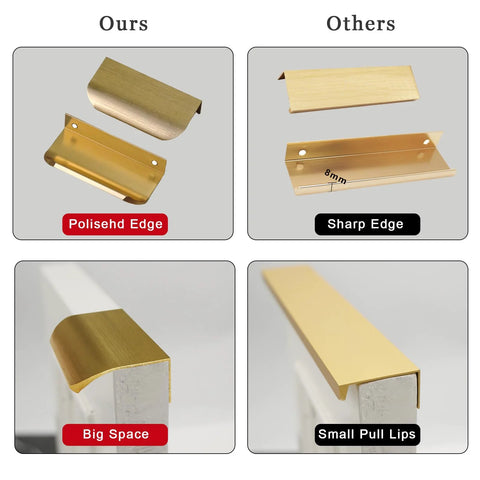 Comparison of Gold Adhesive Edge Finger Pulls For Cabinets 5 Pack With Screws And Tape showing polished vs sharp edges, large vs small pull lips