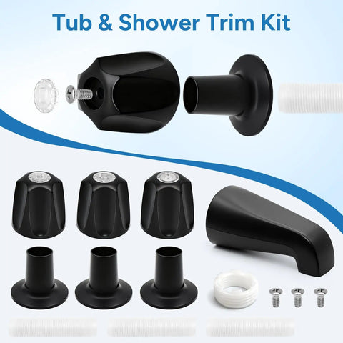 Matte Black 3-Piece Tub Faucet Set With Shower Knobs And Spout, Replacement Kit For Style Tub Shower Handles, components displayed