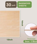 Robotime 30-pack basswood sheets, 12 x 16 inches, 3 mm (1/8 in) thick, laser engraving blanks