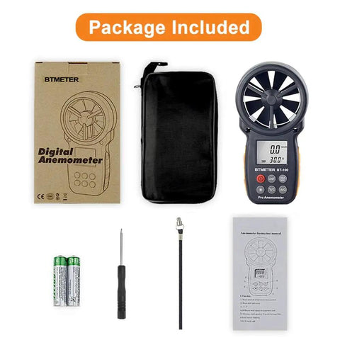 Handheld Anemometer Wind Speed And Airflow Gauge With Temperature And Wind Chill, Pro Grade Digital Meter For HVAC And Drones, Measures 0.3 To 60 M/S In 5 Units (M/S, KM/H, MPH, FT/MIN, KNOTS), 14F To 113F Temperature Range For Outdoor Use package items