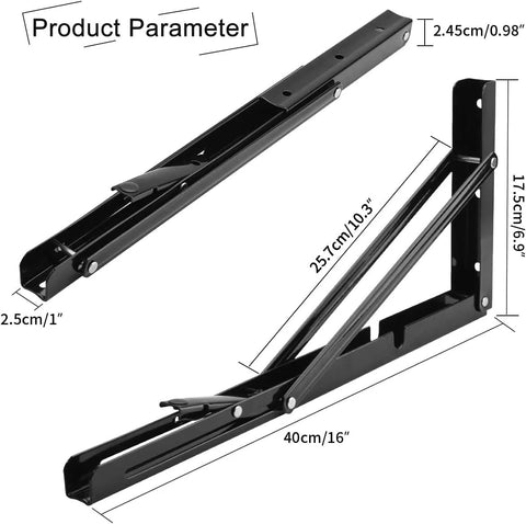 YUMORE 16-inch folding shelf brackets, black metal L-brackets for workbenches, max load 330 lb, pack of 2