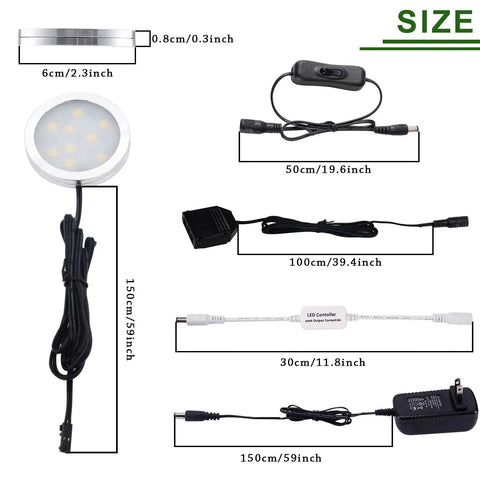 Dimmable Under Cabinet LED Puck Lights Kit with RF remote components and size measurements