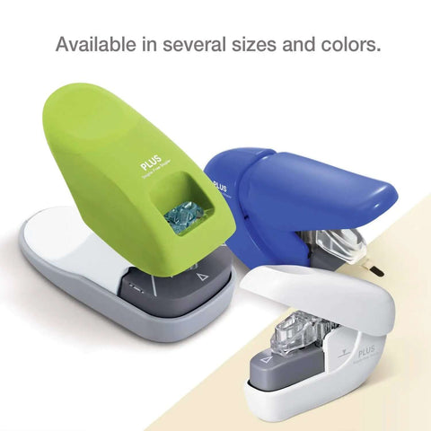 Green, blue, and white desktop staple free stapler with compact design, available in several colors, perfect for home, school, or office.
