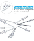 600 Or 1200 Piece Aluminum Pop Rivets Assortment Kit With 14 SAE Sizes Including 3/32 Inch, 1/8 Inch, 5/32 Inch, 3/16 Inch, rivets displayed.