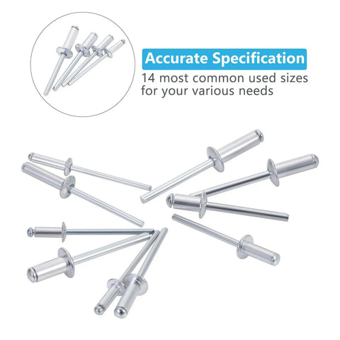 600 Or 1200 Piece Aluminum Pop Rivets Assortment Kit With 14 SAE Sizes Including 3/32 Inch, 1/8 Inch, 5/32 Inch, 3/16 Inch, rivets displayed.