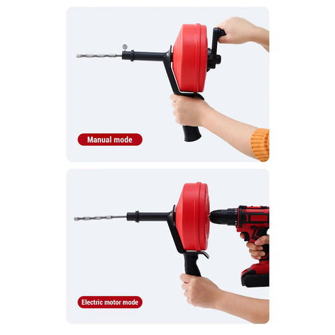 25 Foot Drain Auger Crafted from 65 Manganese Steel Cable With ABS Housing, Manual and Drill Powered Snake to Crush Tough Clogs without Blowing a Gasket, showing manual and electric modes.