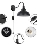 Black Gooseneck Industrial Wall Sconces With E26 Base Plug In Dimmer Vintage Farmhouse Vibe For Bedroom Nightstand Headboard Porch Garage Two Pack Sets showing assembly details and switch