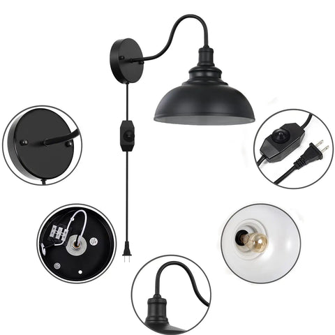Black Gooseneck Industrial Wall Sconces With E26 Base Plug In Dimmer Vintage Farmhouse Vibe For Bedroom Nightstand Headboard Porch Garage Two Pack Sets showing assembly details and switch