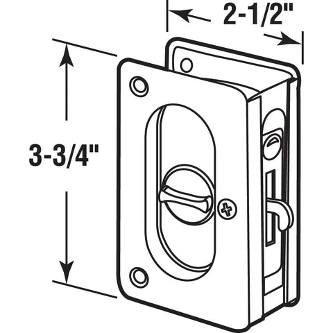 Diagram of Pocket Door Privacy Lock With Pull, Satin Nickel, 3-3/4 Inch, showing measurements and easy grip design.