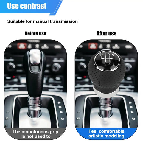 Comparison of gear shift with Six Speed Leather Shift Knob For Cars, Universal Automatic And Manual Gear Stick Handle Replacement.