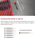 Assorted screwdrivers displayed including Delicate Jeweler Screwdriver With Knurled Grip, 0.070 Inch Replaceable Blade, for precise work.