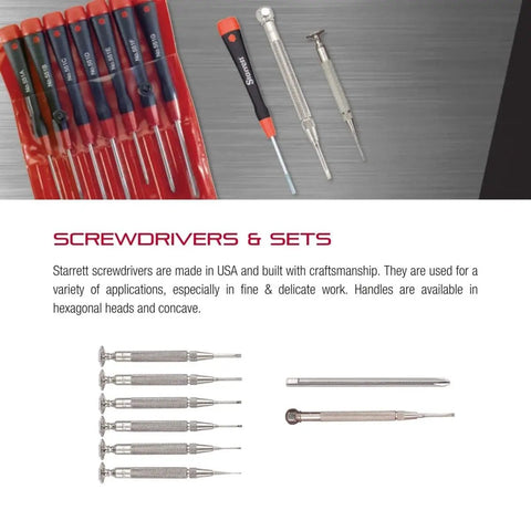 Assorted screwdrivers displayed including Delicate Jeweler Screwdriver With Knurled Grip, 0.070 Inch Replaceable Blade, for precise work.