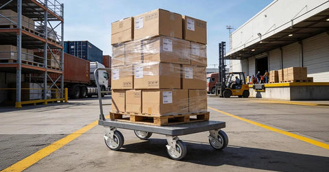 Nefish 5-inch heavy-duty caster wheels, 4-pack with brakes, on a metal platform cart carrying stacked cardboard boxes.