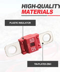 Built Like A Tank 50 Amp Midi Fuse Bolt On Kit For Universal Cars Trucks And Golf Carts High Current Zinc Terminal Harness showing red 50A fuse with tin-plated zinc and plastic insulator.