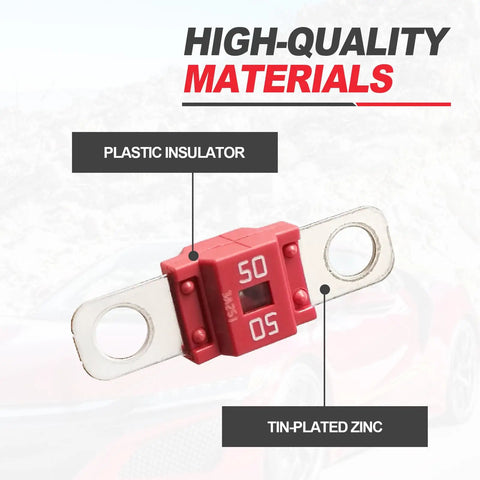 Built Like A Tank 50 Amp Midi Fuse Bolt On Kit For Universal Cars Trucks And Golf Carts High Current Zinc Terminal Harness showing red 50A fuse with tin-plated zinc and plastic insulator.
