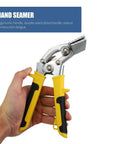 Crimping Tool Hand Seamer Bending Pliers For Ductwork And Sheet Metal Ergonomic Grip With Slip Resistant Handle held in hand.