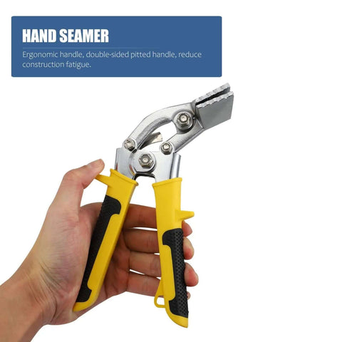 Crimping Tool Hand Seamer Bending Pliers For Ductwork And Sheet Metal Ergonomic Grip With Slip Resistant Handle held in hand.
