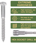 Top Quality 304 Stainless Steel Hex Lag Screws One Quarter Inch By Two Point Five Inches Tough As Nails Rust Resistant Wood Fasteners For Outdoor Decks And Flower Stands Twenty Five Count with hex socket drill bit and durability features.