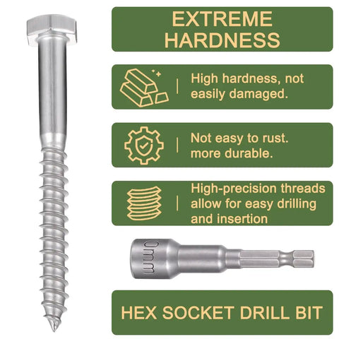 Top Quality 304 Stainless Steel Hex Lag Screws One Quarter Inch By Two Point Five Inches Tough As Nails Rust Resistant Wood Fasteners For Outdoor Decks And Flower Stands Twenty Five Count with hex socket drill bit and durability features.