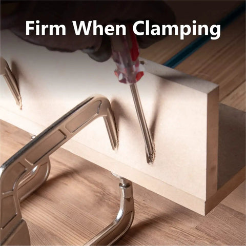 Heavy Duty Quick Release Pocket Hole Clamps Pair Featuring Lock Tight Right Angle Vise Grips clamping MDF with a screwdriver.